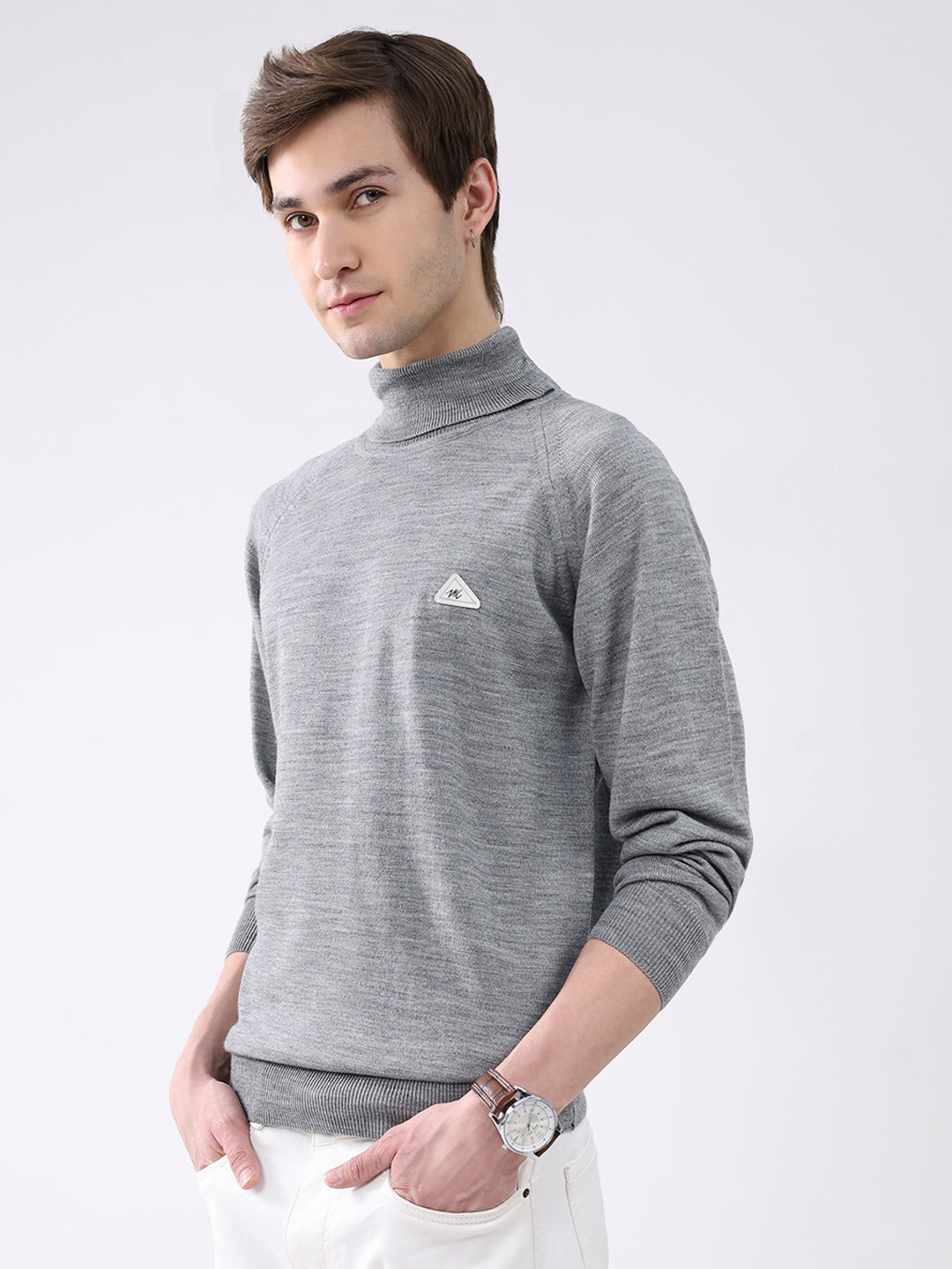Men Grey Solid Turtle Neck Full Sleeve Pullover