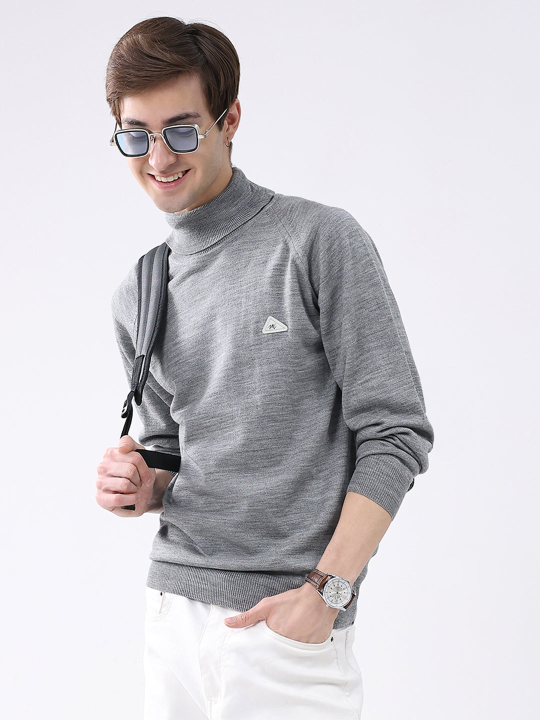 Men Grey Solid Turtle Neck Full Sleeve Pullover