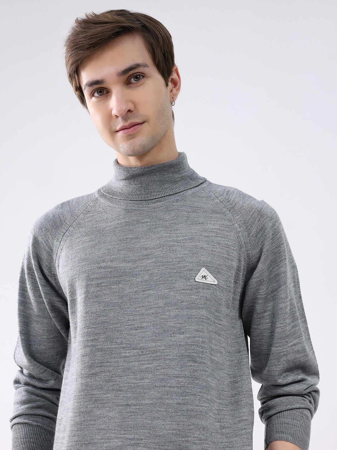 Men Grey Solid Turtle Neck Full Sleeve Pullover