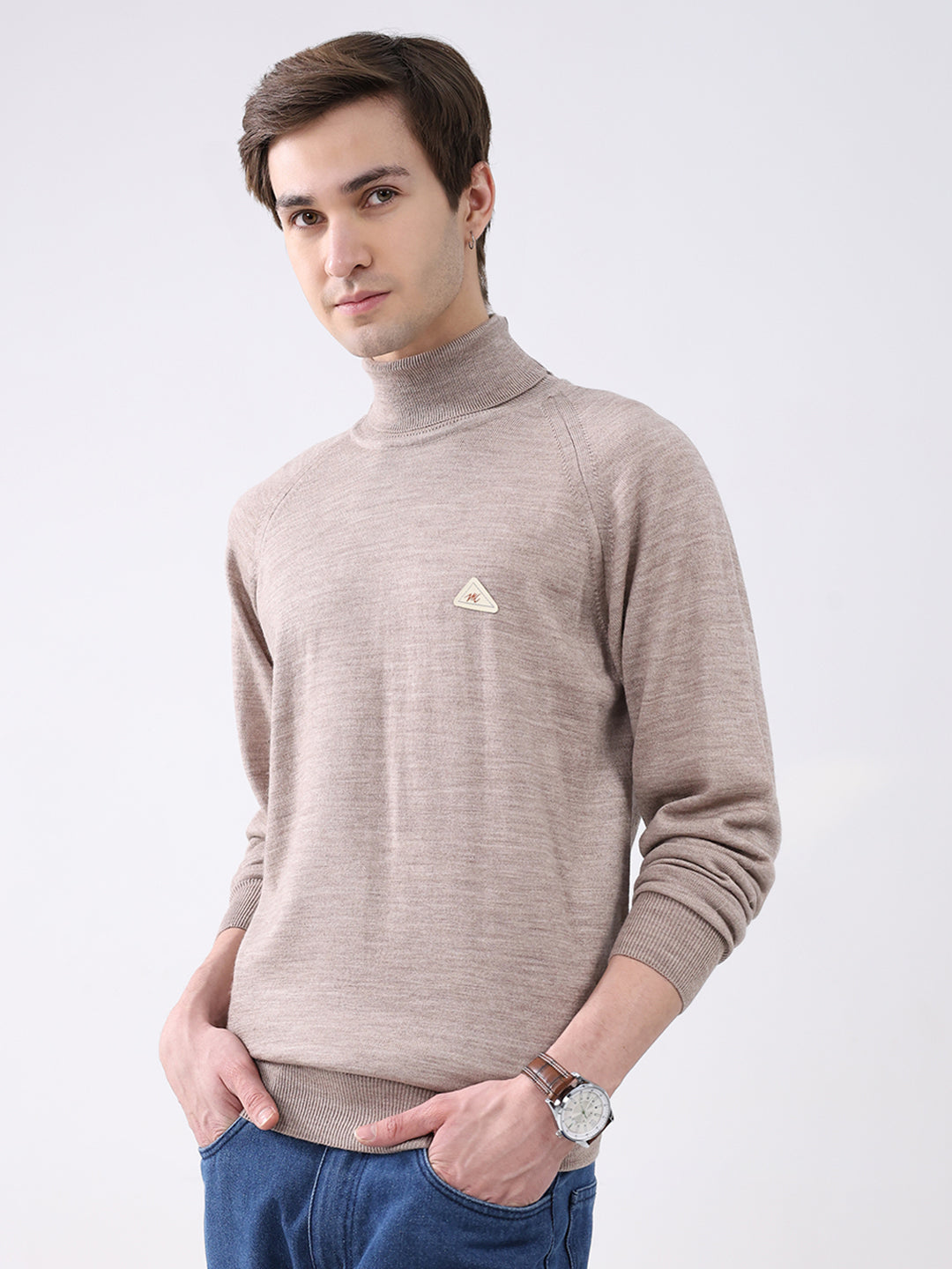 Men Beige Solid Turtle Neck Full Sleeve Pullover