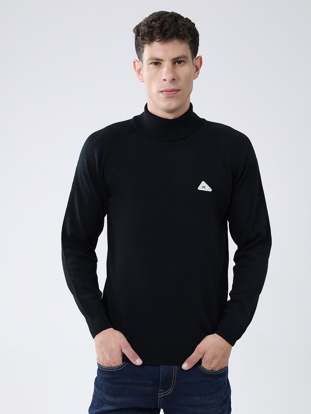Men Black Solid High Neck Full Sleeve Pullover