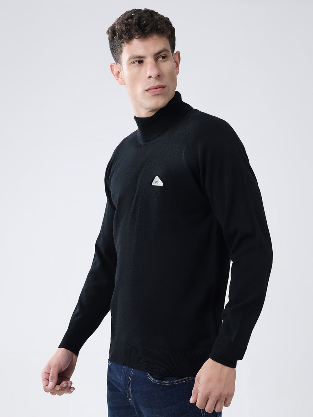 Men Black Solid High Neck Full Sleeve Pullover