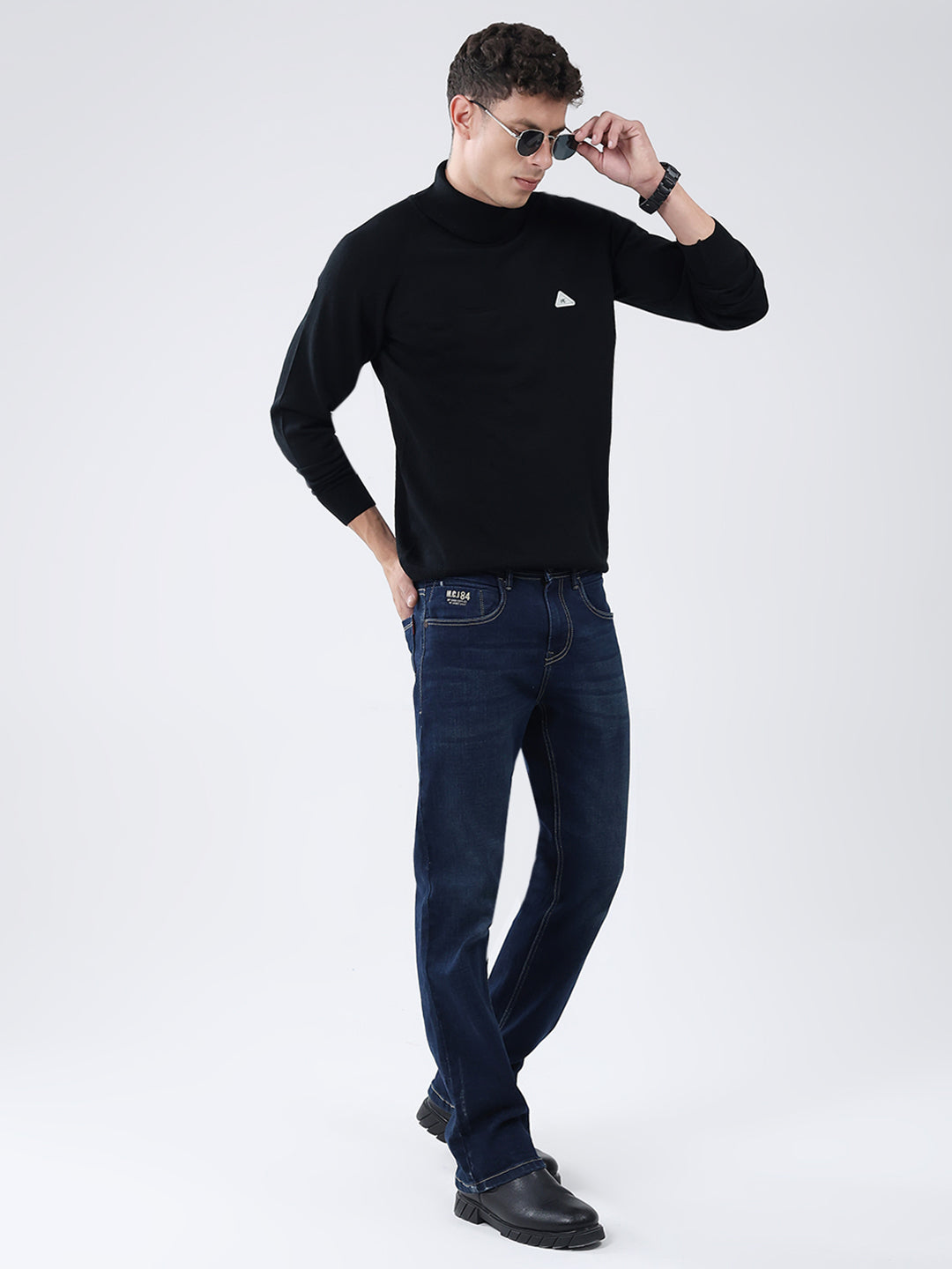 Men Black Solid High Neck Full Sleeve Pullover