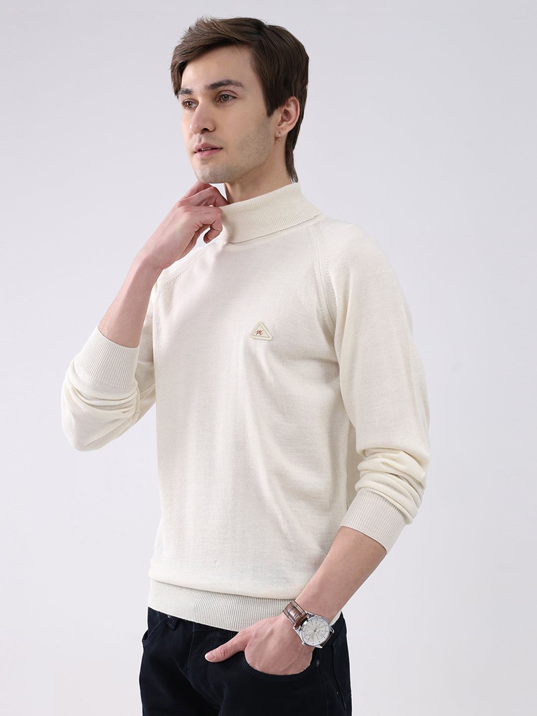 Men Cream Solid Turtle Neck Full Sleeve Pullover