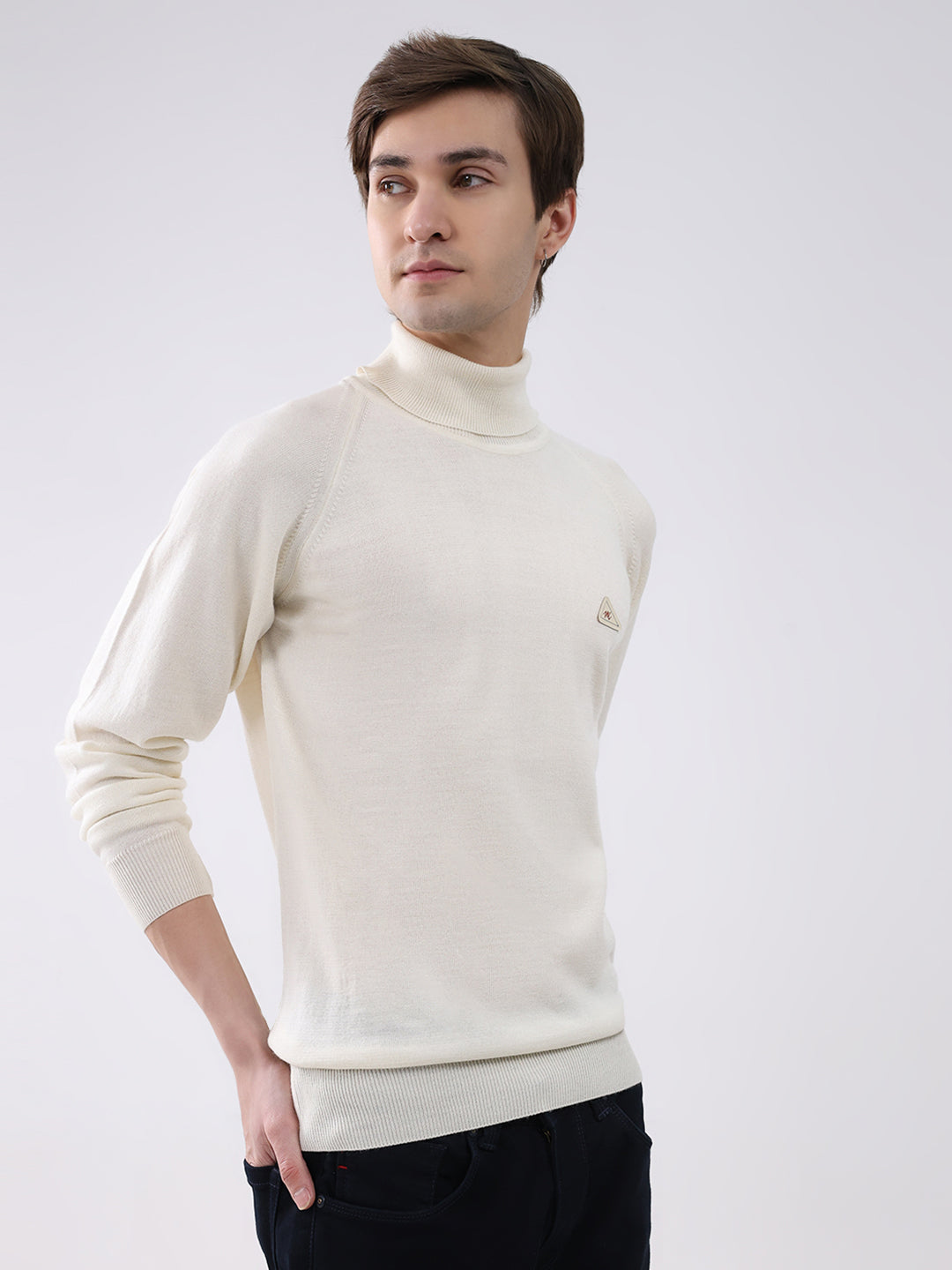 Men Cream Solid Turtle Neck Full Sleeve Pullover