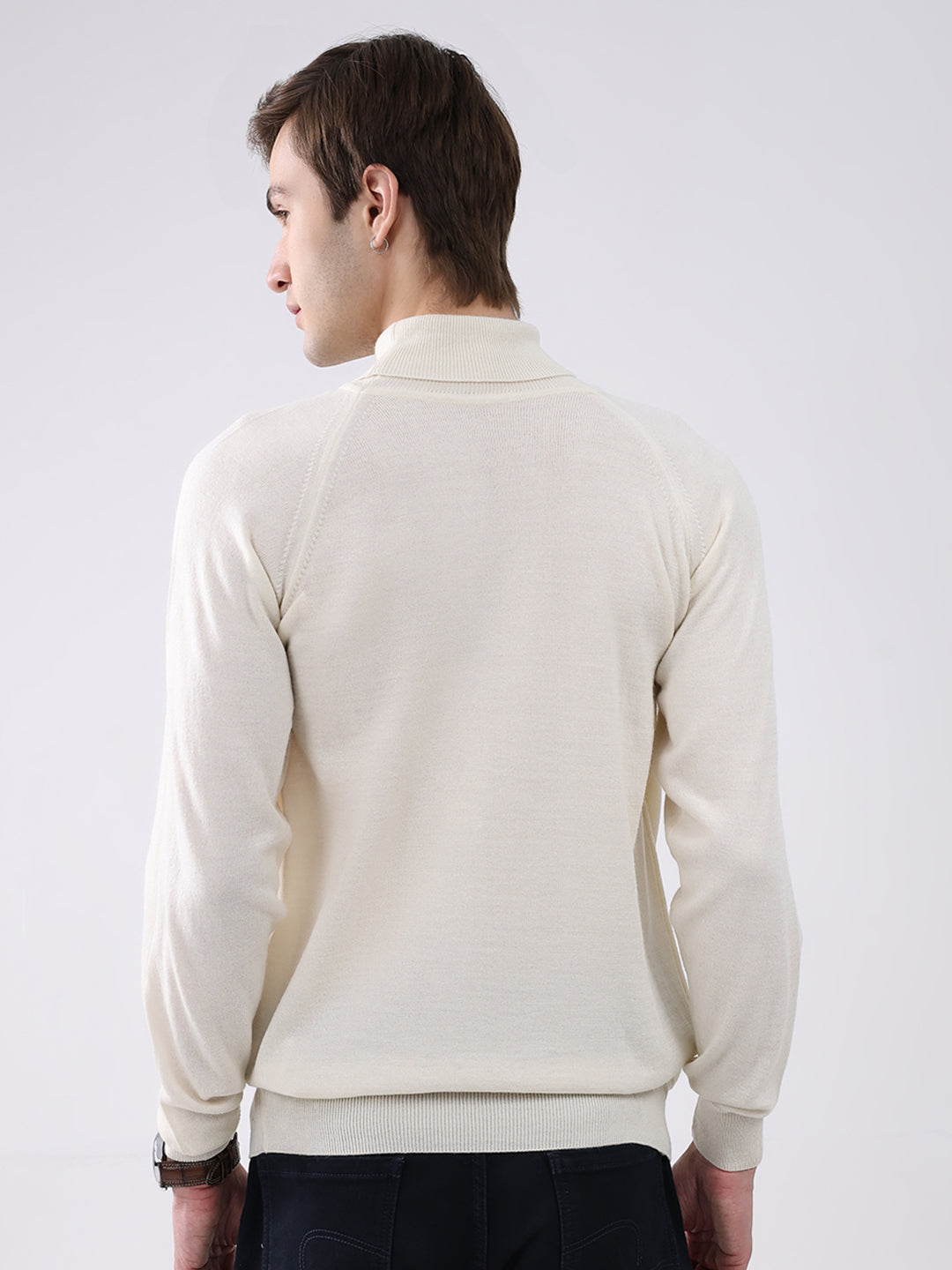 Men Cream Solid Turtle Neck Full Sleeve Pullover