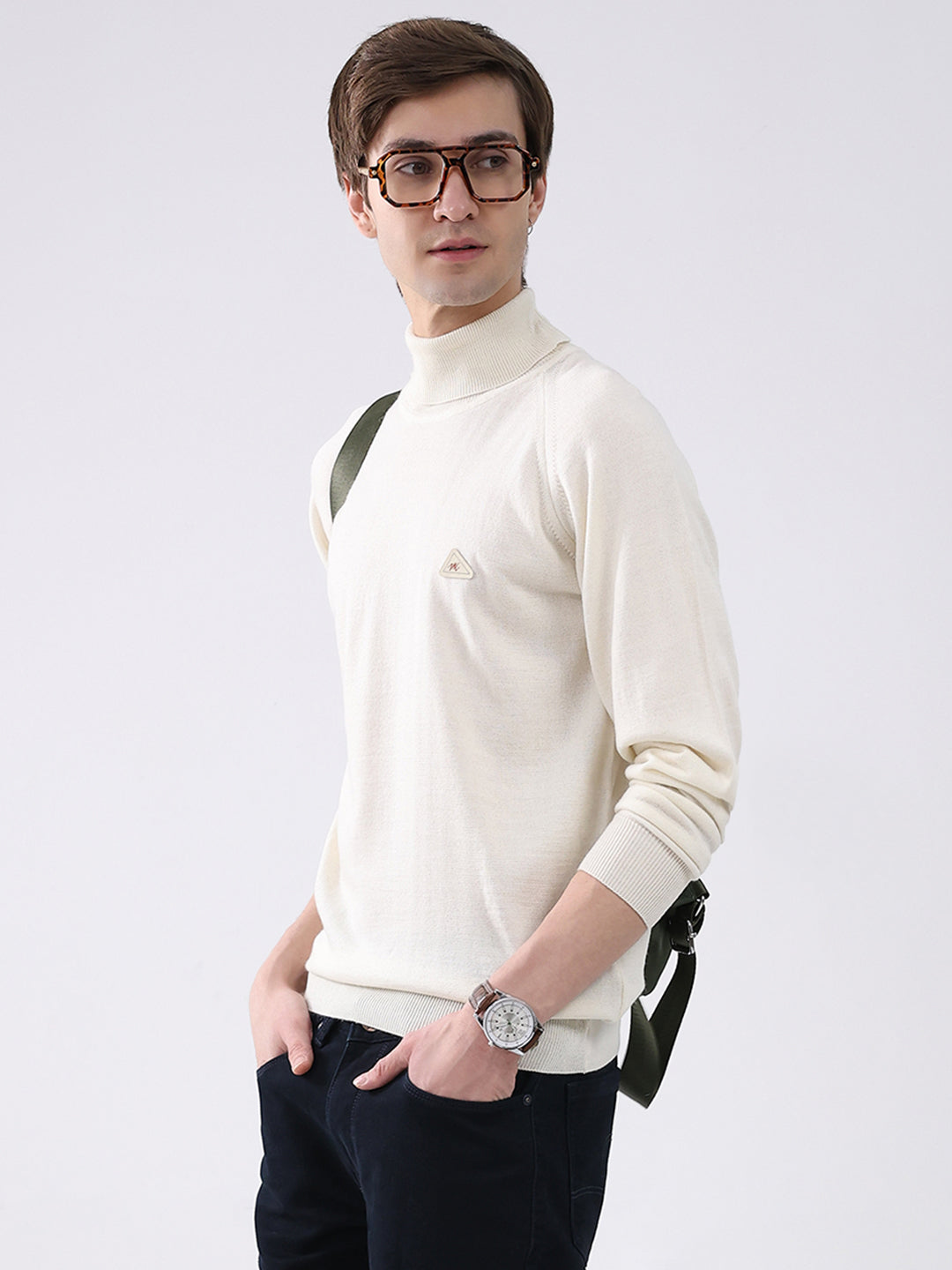 Men Cream Solid Turtle Neck Full Sleeve Pullover
