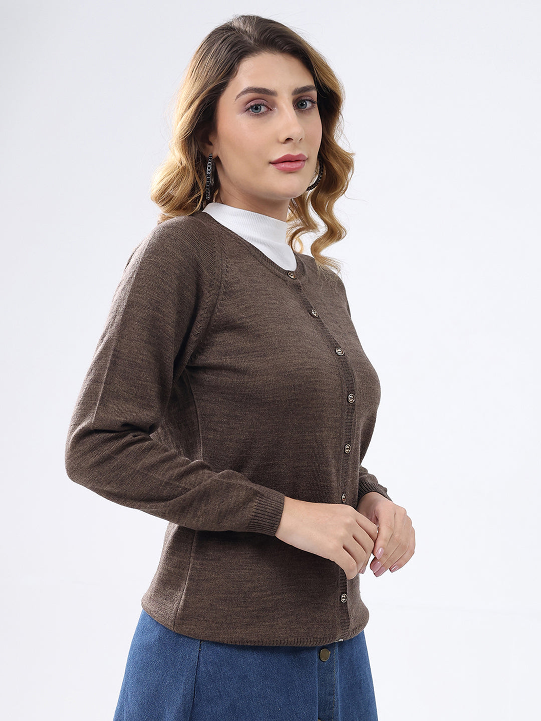 Women Brown Solid Round Neck Full Sleeve Cardigan