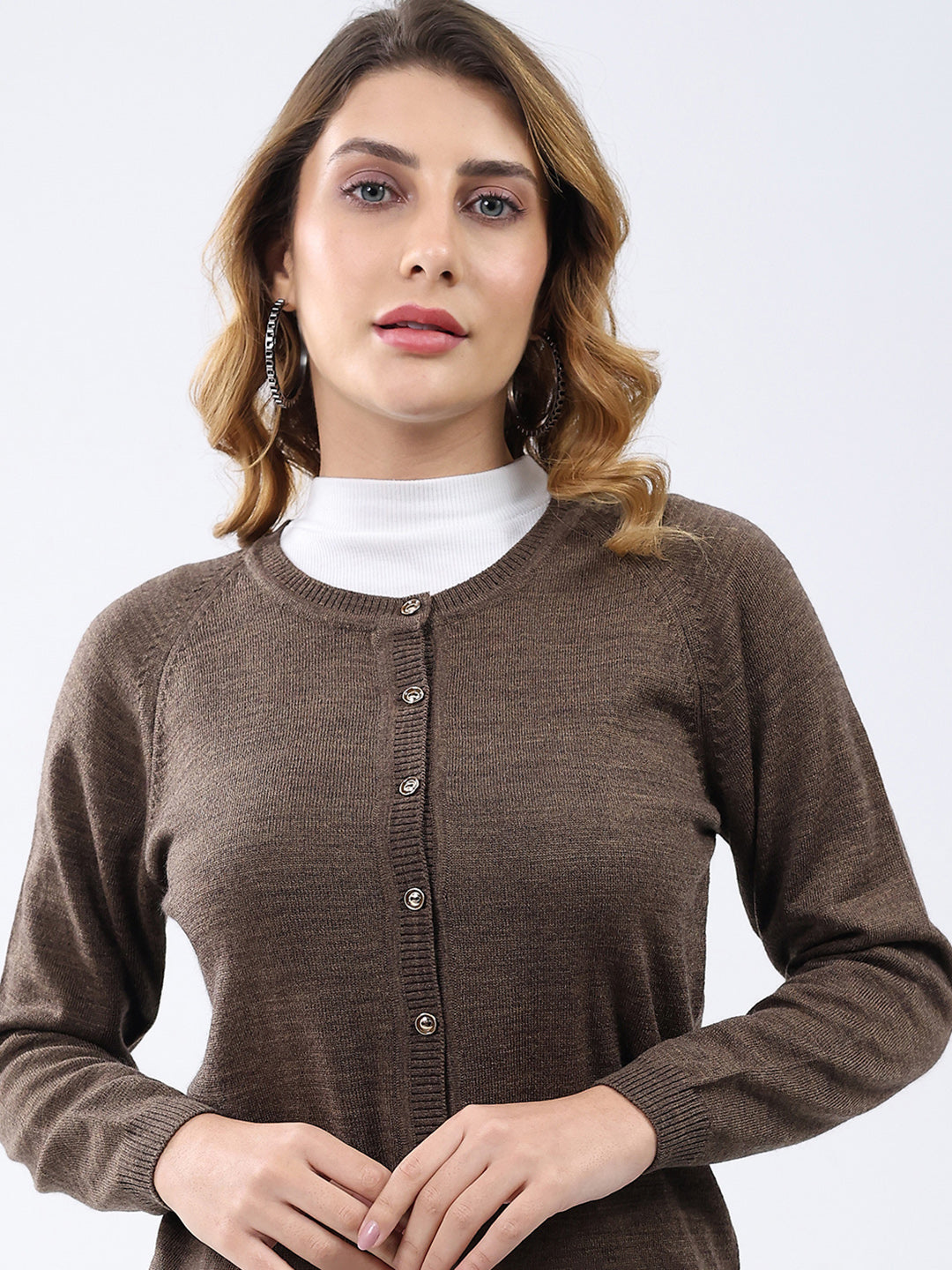Women Brown Solid Round Neck Full Sleeve Cardigan