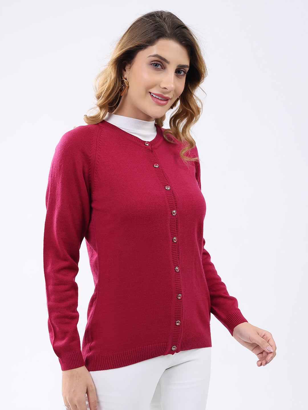 Women Magenta Solid Round Neck Full Sleeve Cardigan