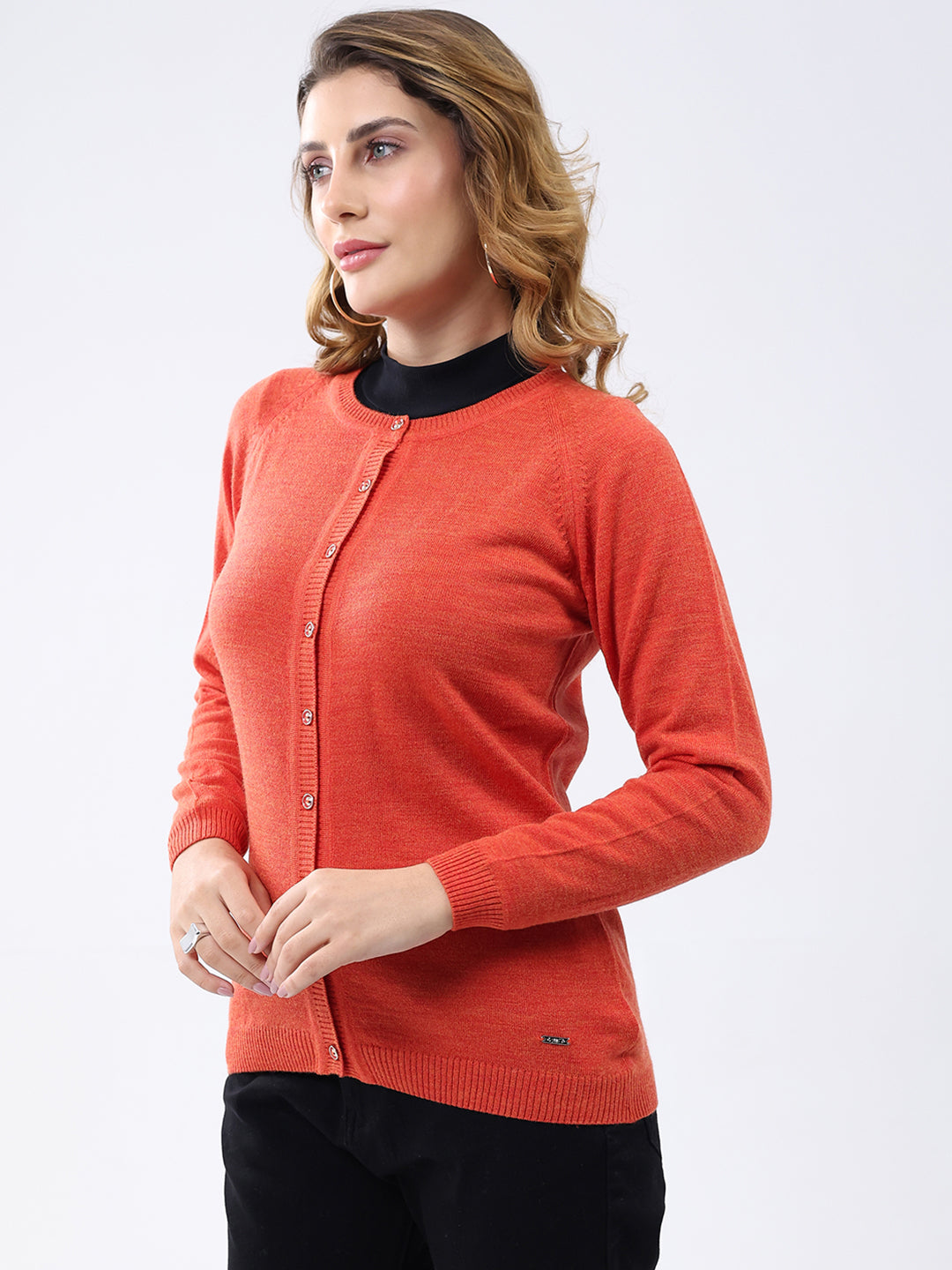 Women Orange Solid Round Neck Full Sleeve Cardigan