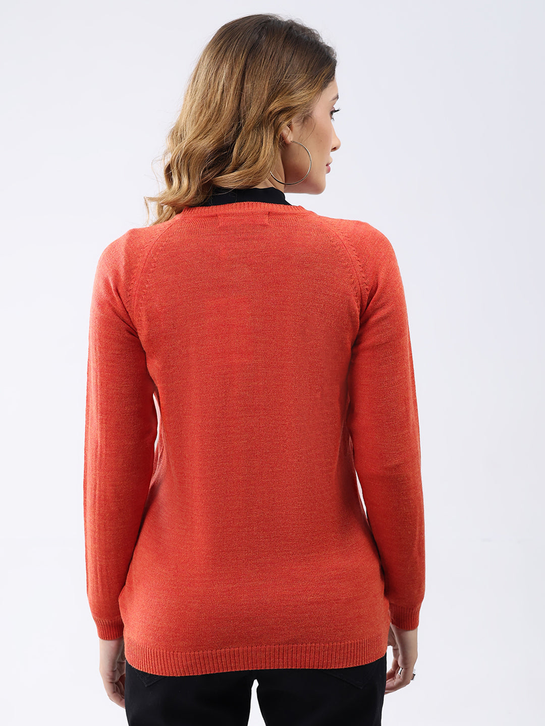 Women Orange Solid Round Neck Full Sleeve Cardigan