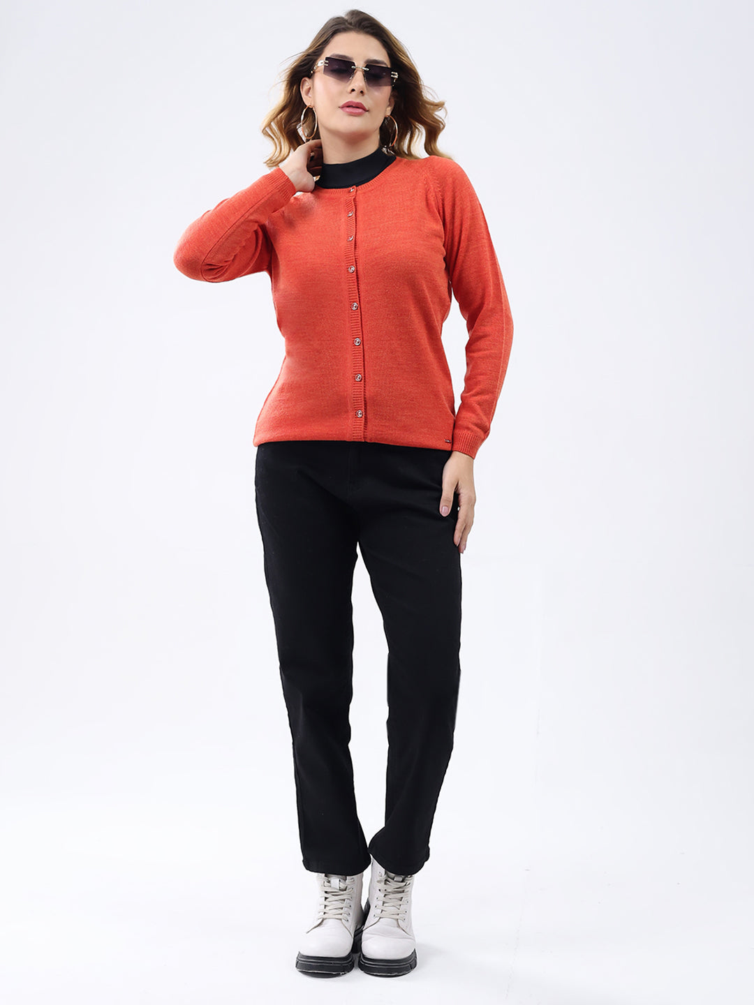 Women Orange Solid Round Neck Full Sleeve Cardigan