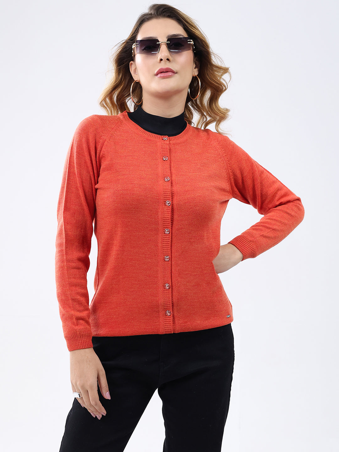Women Orange Solid Round Neck Full Sleeve Cardigan