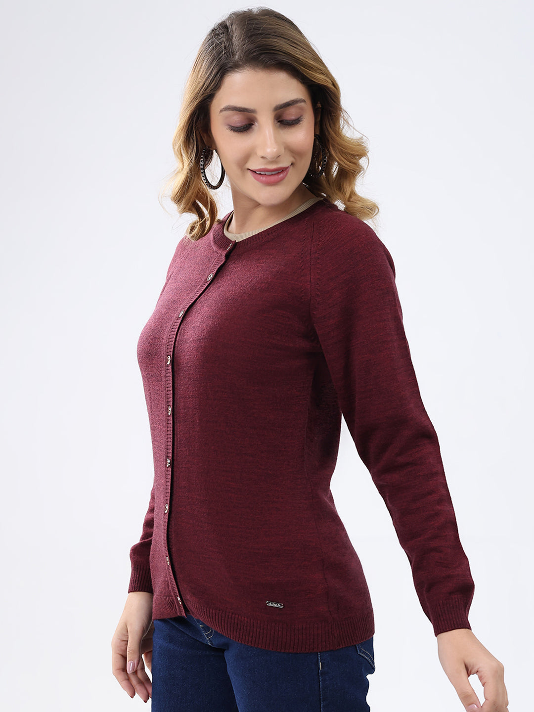 Women Maroon Solid Round Neck Full Sleeve Cardigan