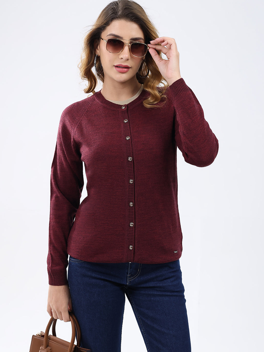 Women Maroon Solid Round Neck Full Sleeve Cardigan