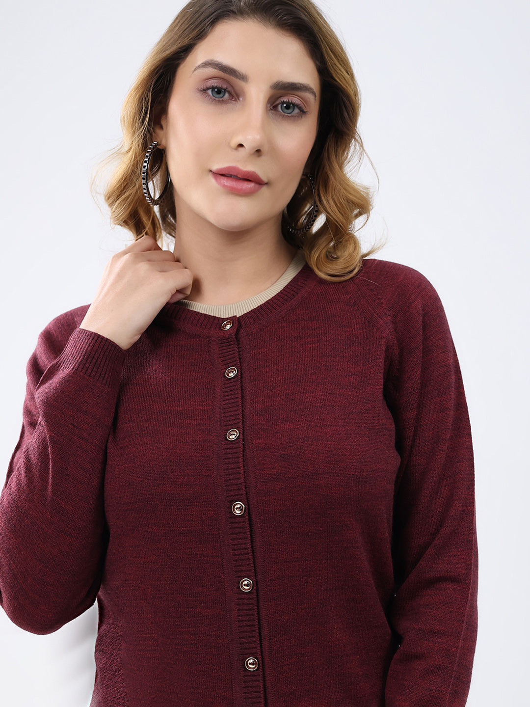 Women Maroon Solid Round Neck Full Sleeve Cardigan