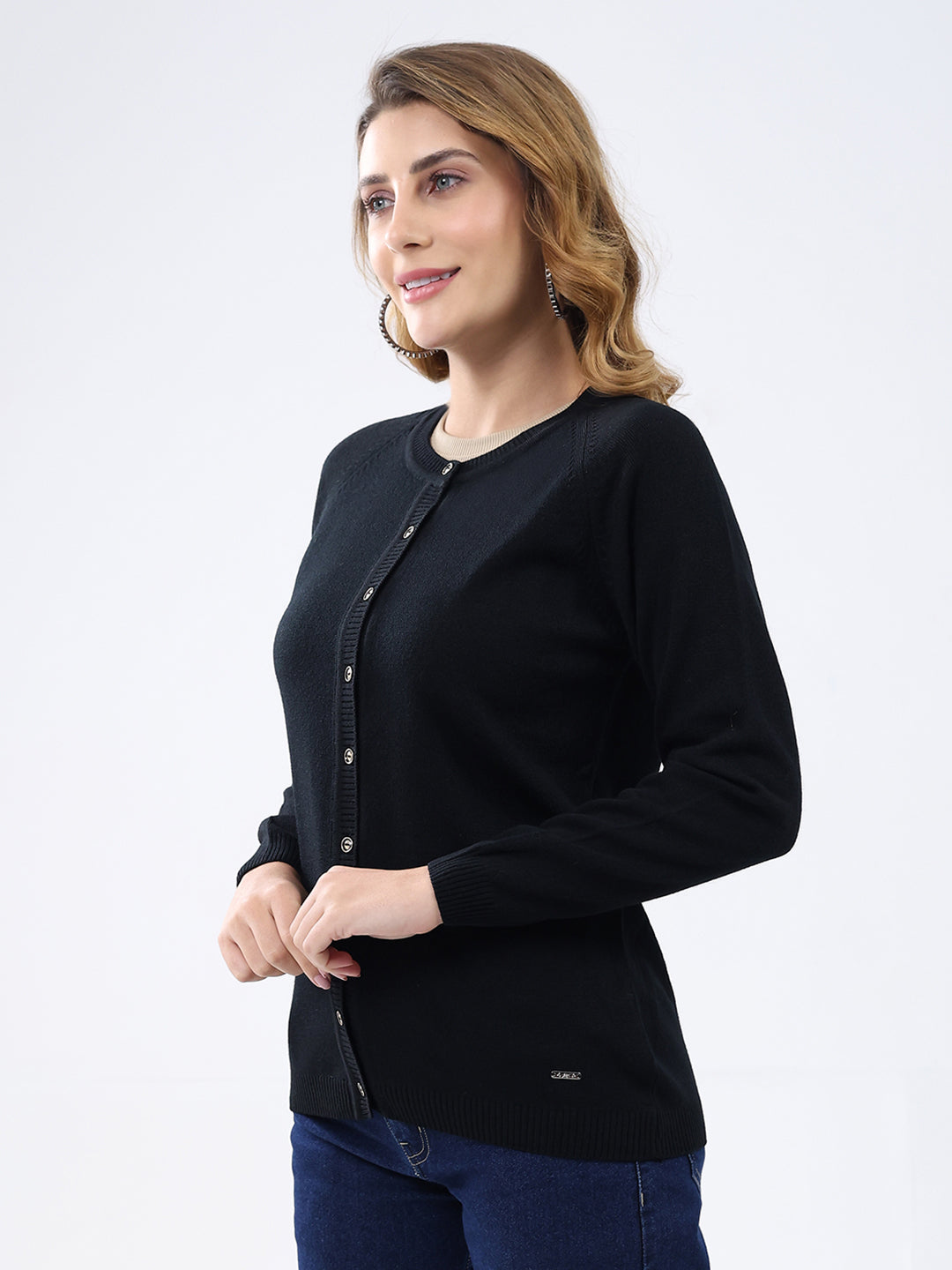 Women Black Solid Round Neck Full Sleeve Cardigan