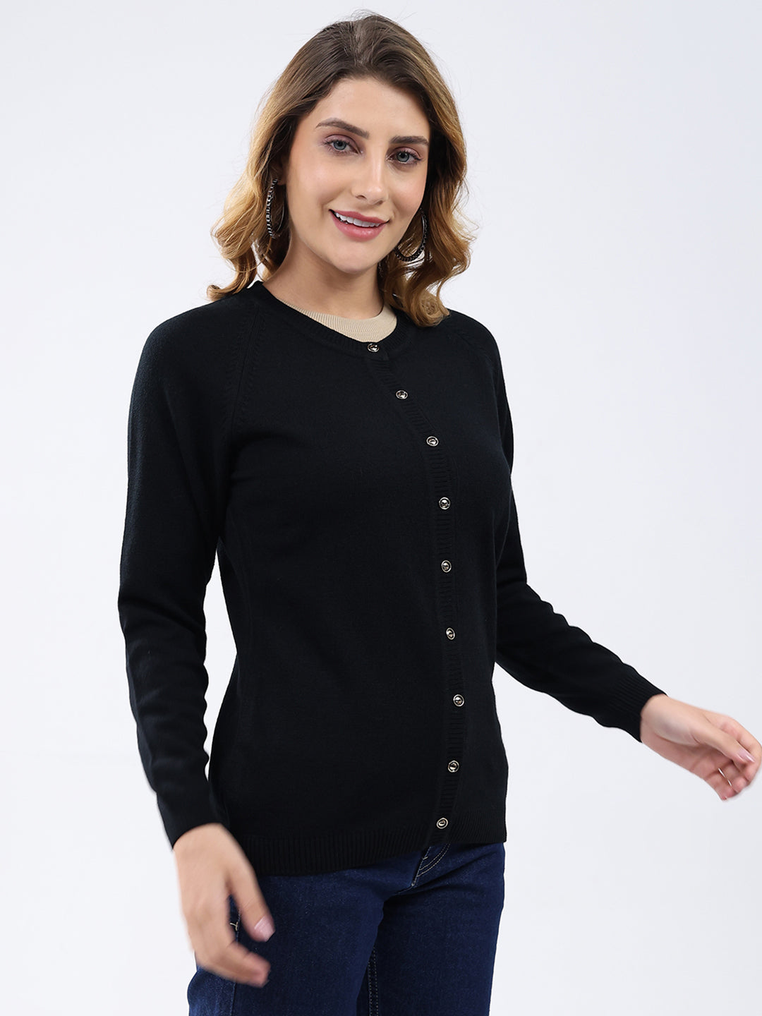 Women Black Solid Round Neck Full Sleeve Cardigan