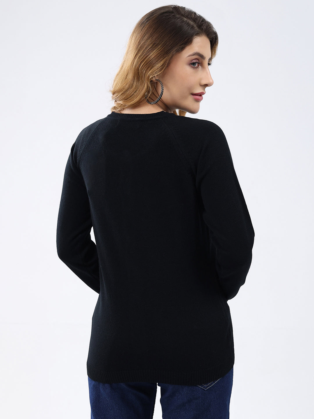Women Black Solid Round Neck Full Sleeve Cardigan