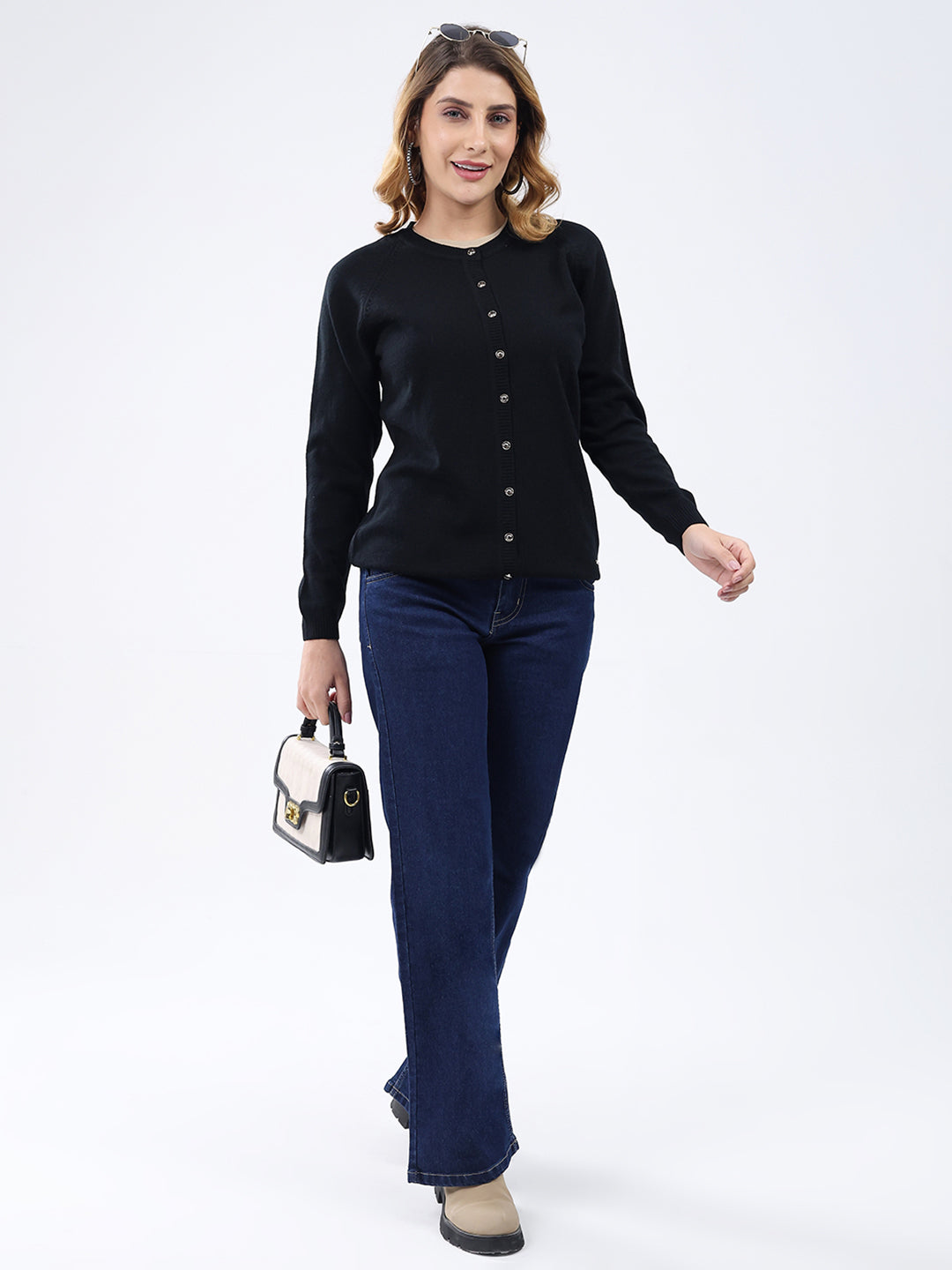 Women Black Solid Round Neck Full Sleeve Cardigan
