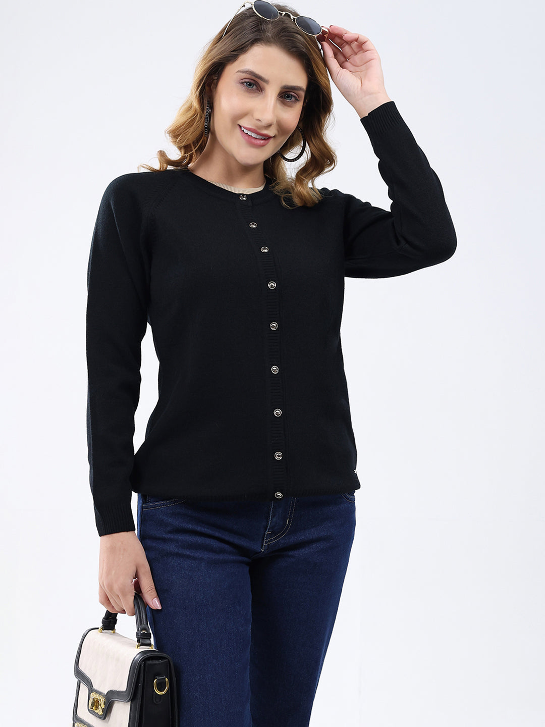 Women Black Solid Round Neck Full Sleeve Cardigan