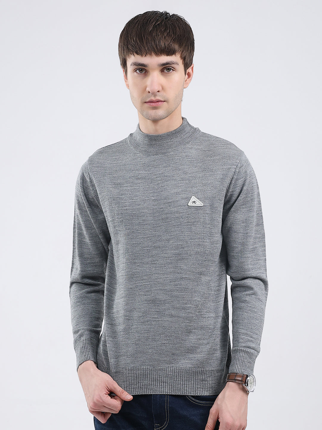 Men Grey Solid Turtle Neck Full Sleeve Pullover