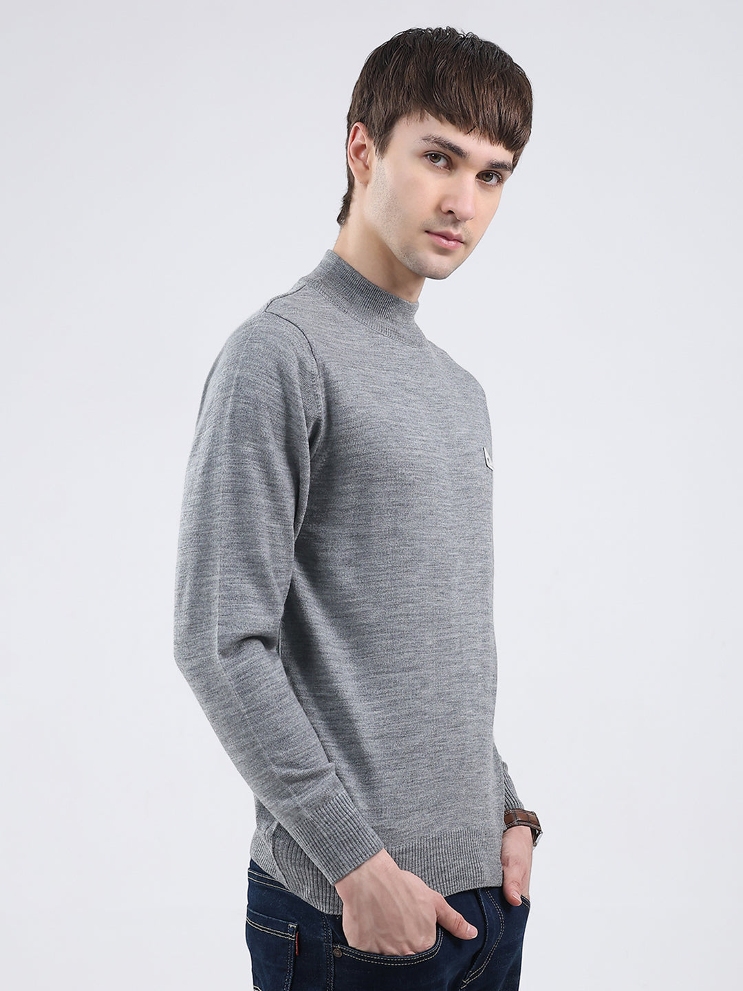 Men Grey Solid Turtle Neck Full Sleeve Pullover