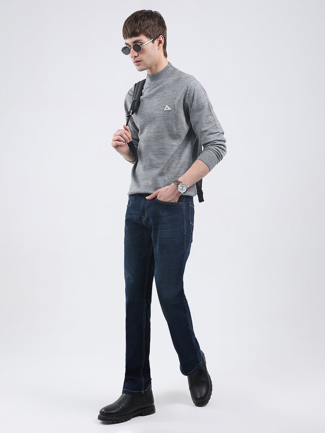 Men Grey Solid Turtle Neck Full Sleeve Pullover