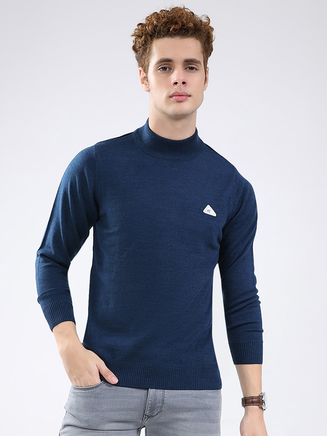 Men Blue Solid Mock Neck Full Sleeve Pullover