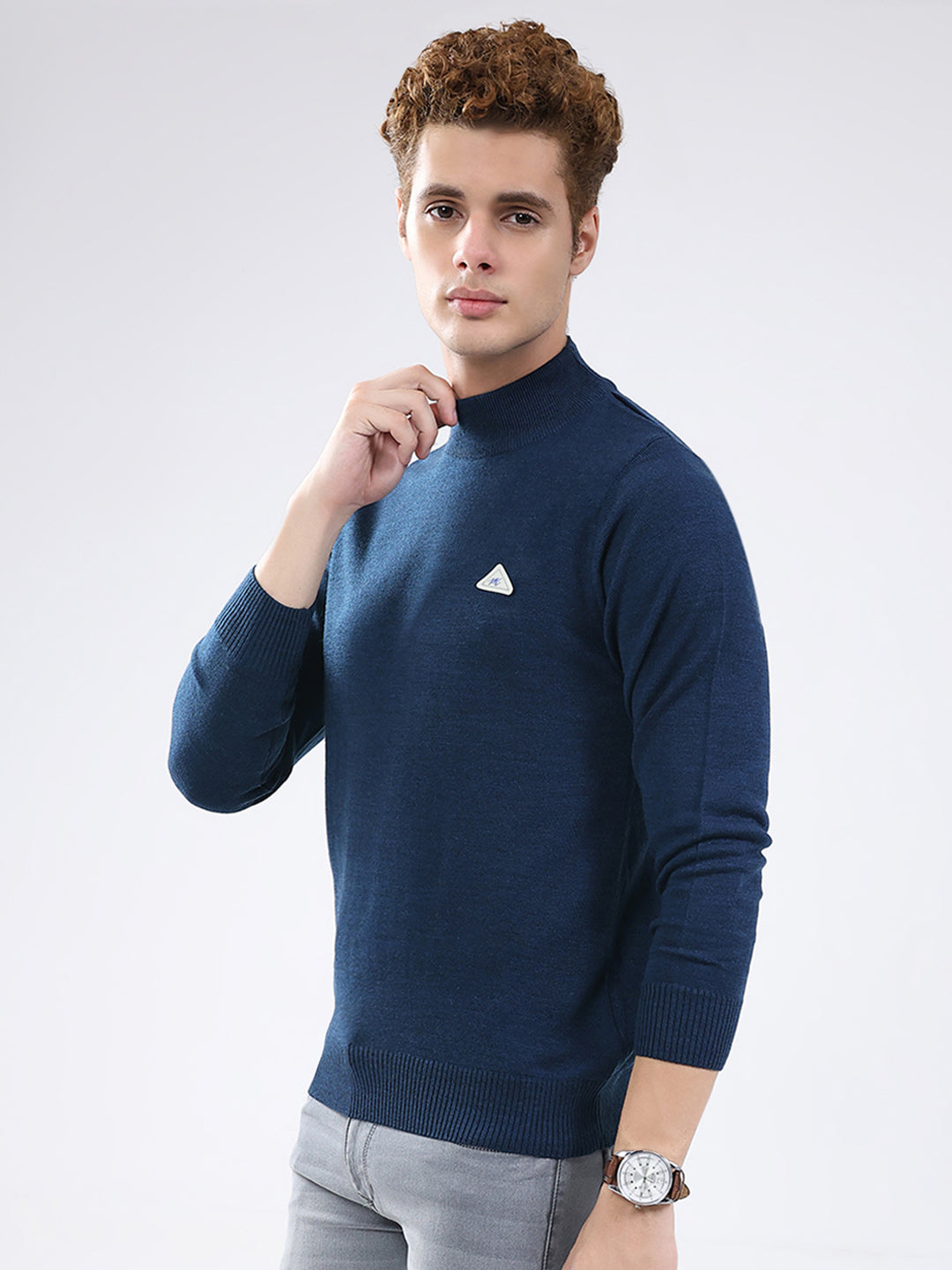 Men Blue Solid Mock Neck Full Sleeve Pullover