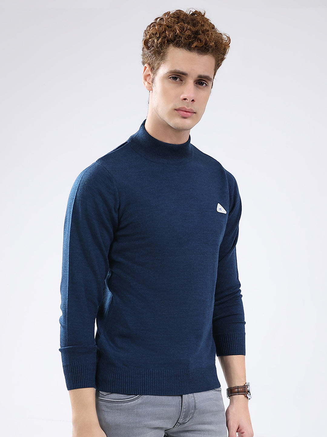 Men Blue Solid Mock Neck Full Sleeve Pullover