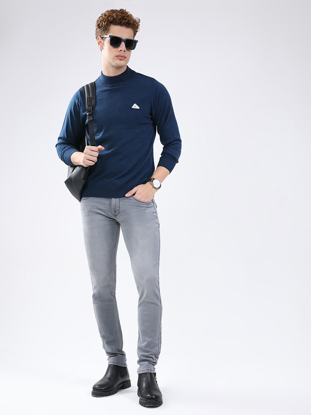 Men Blue Solid Mock Neck Full Sleeve Pullover