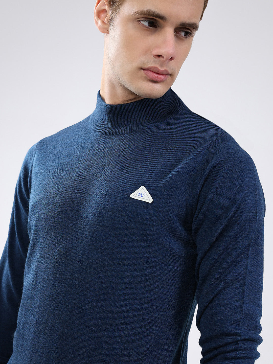 Men Blue Solid Mock Neck Full Sleeve Pullover