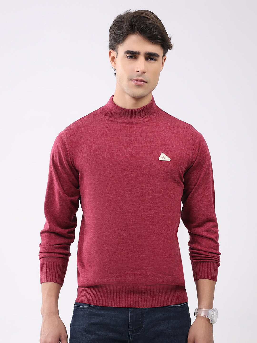 Men Brown Solid T Neck Full Sleeve Pullover
