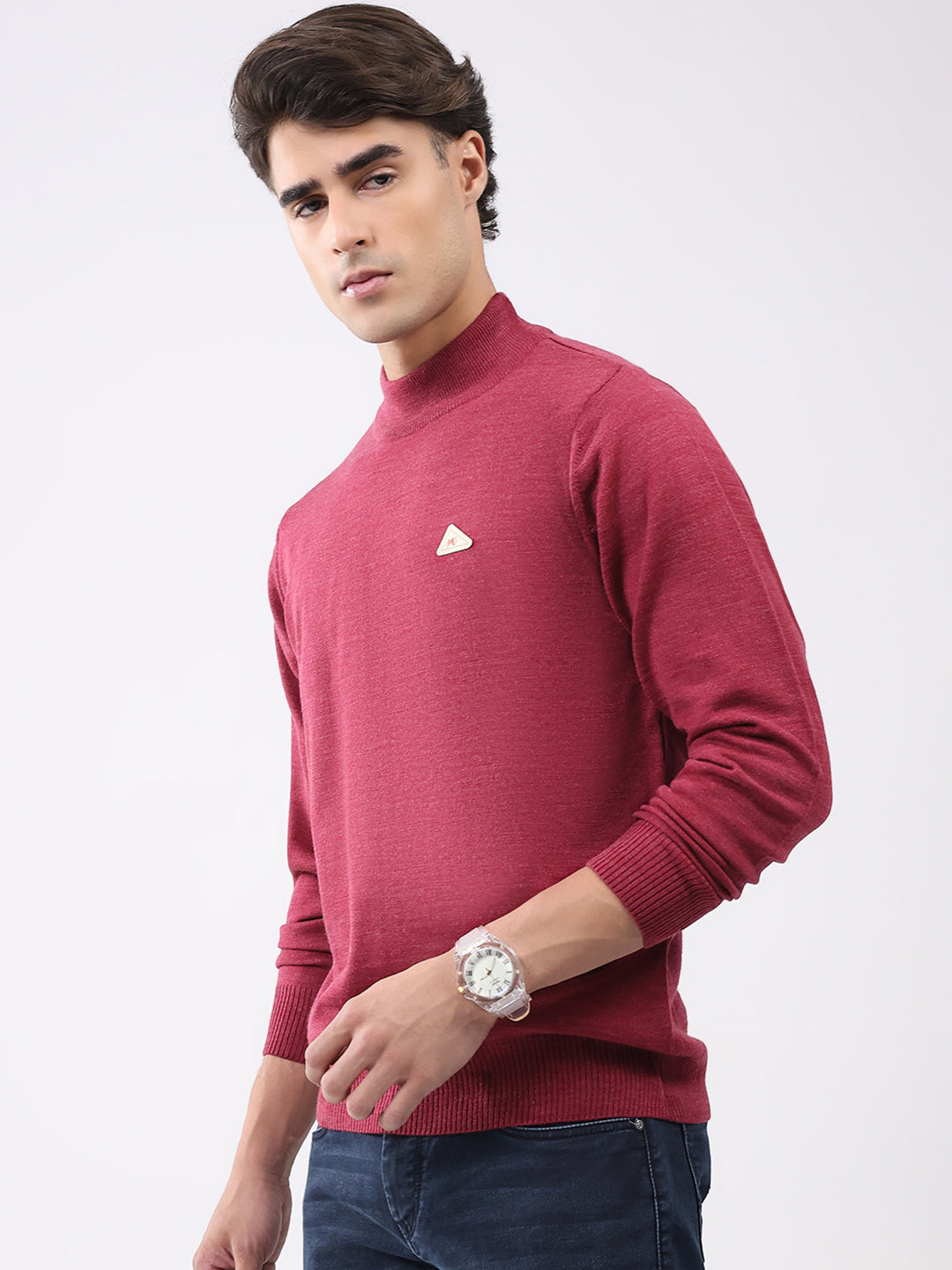 Men Brown Solid T Neck Full Sleeve Pullover