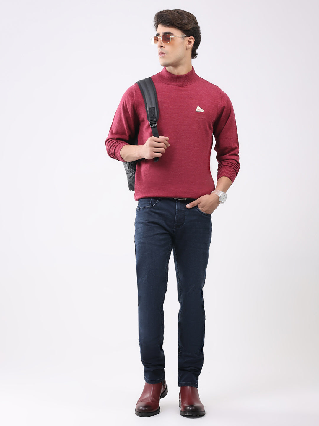 Men Brown Solid T Neck Full Sleeve Pullover