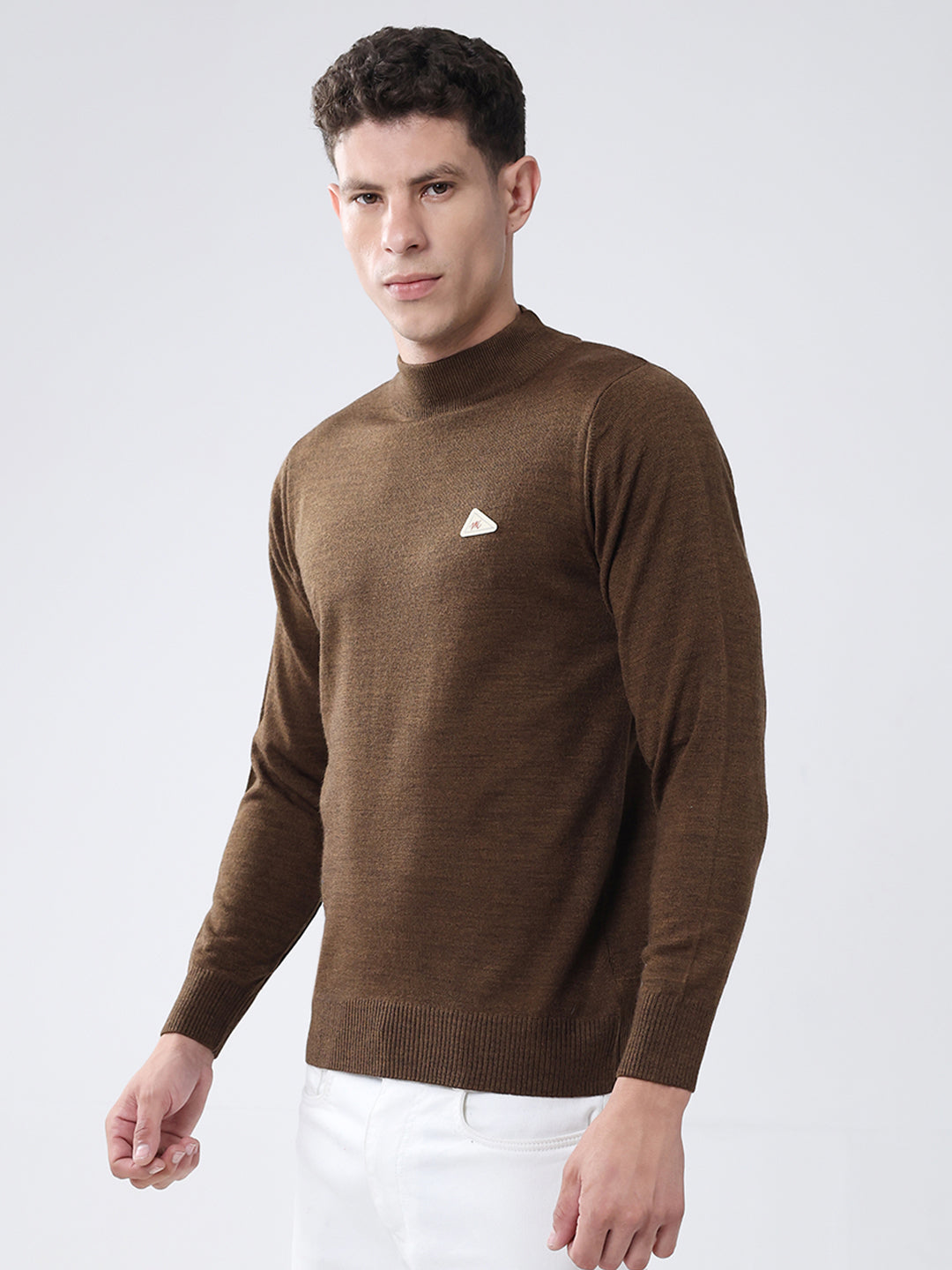 Men Brown Solid High Neck Full Sleeve Pullover