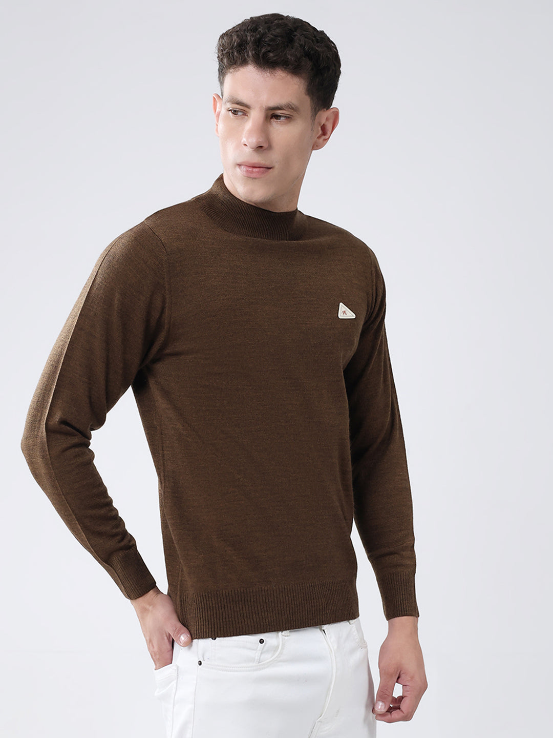 Men Brown Solid High Neck Full Sleeve Pullover