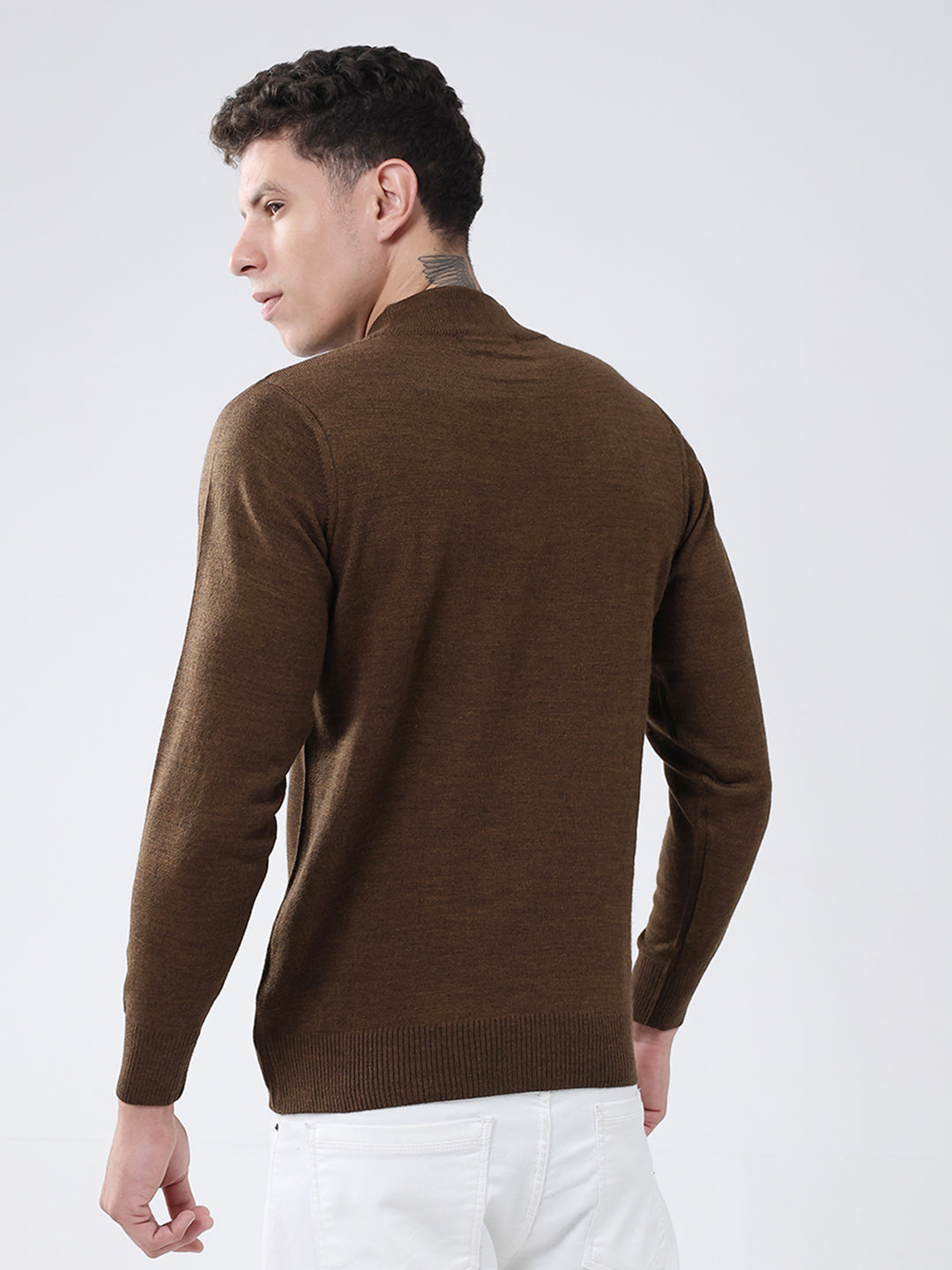Men Brown Solid High Neck Full Sleeve Pullover