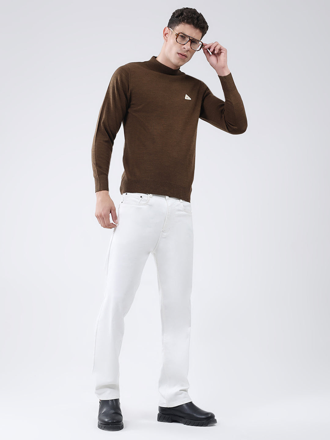 Men Brown Solid High Neck Full Sleeve Pullover