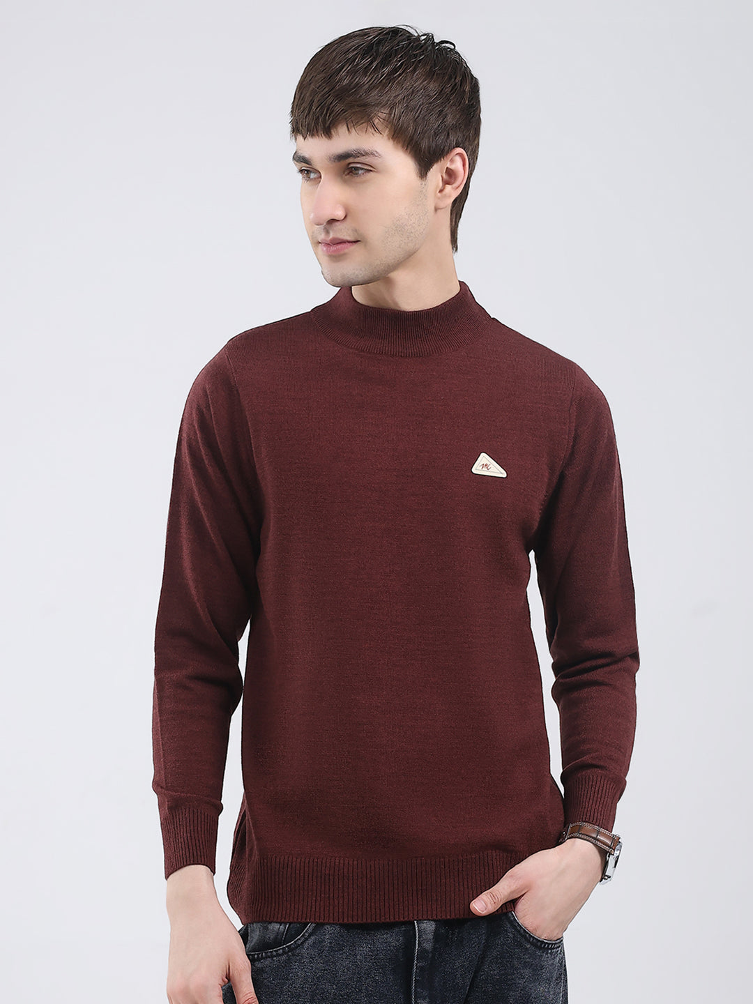 Men Brown Solid Turtle Neck Full Sleeve Pullover