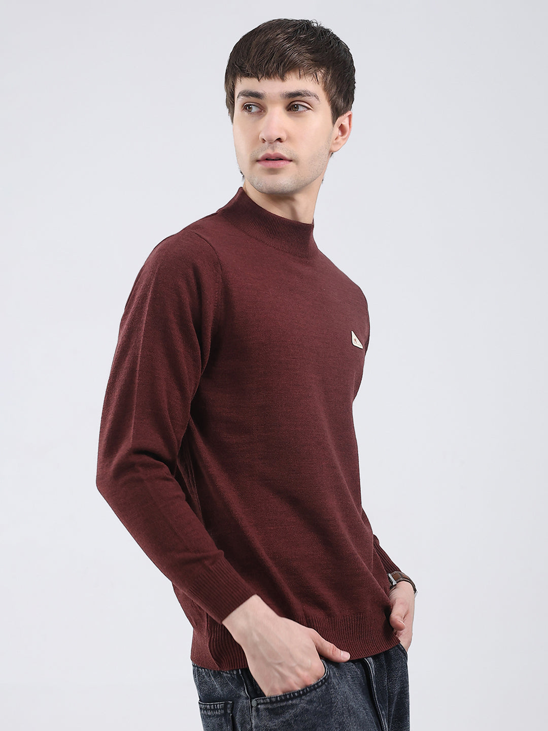 Men Brown Solid Turtle Neck Full Sleeve Pullover