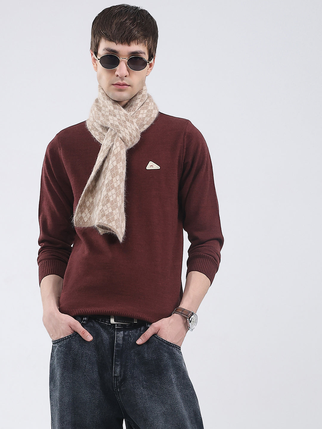 Men Brown Solid Turtle Neck Full Sleeve Pullover