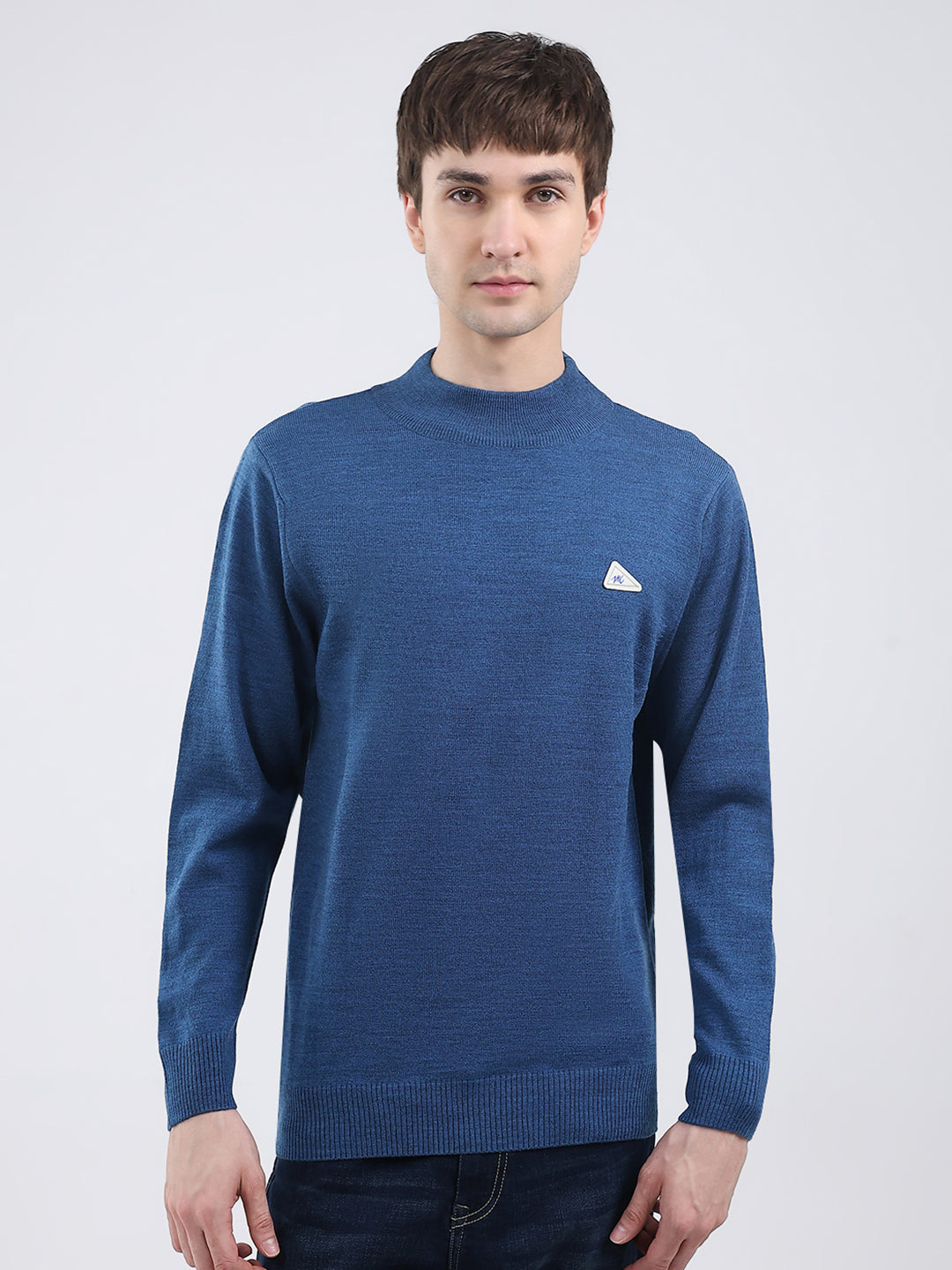 Men Blue Solid Turtle Neck Full Sleeve Pullover