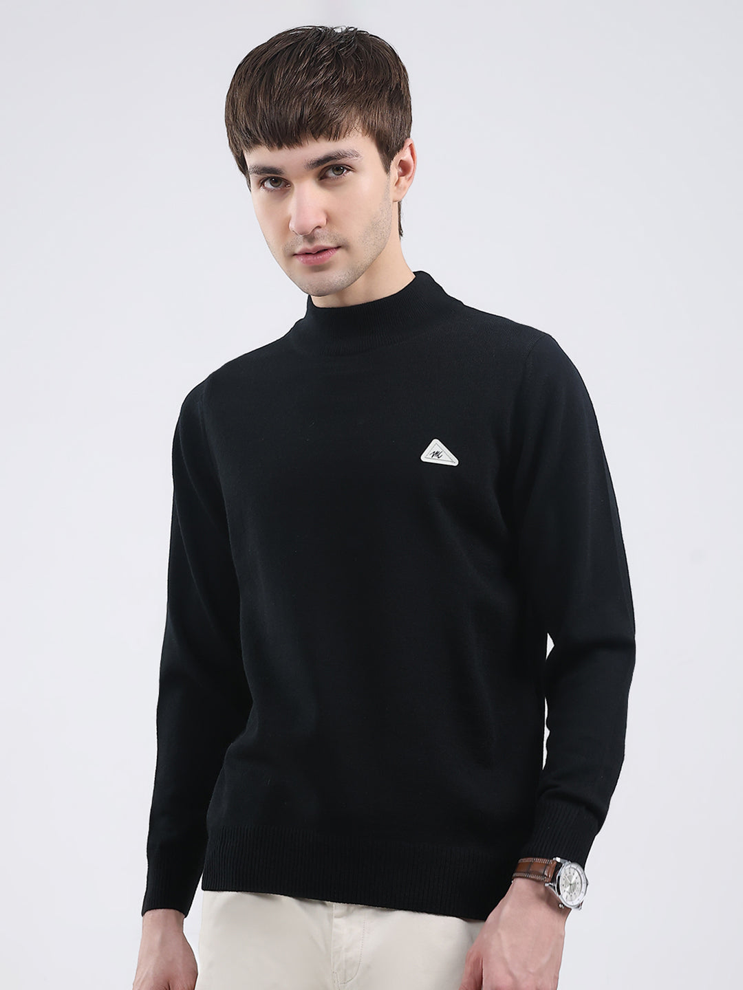 Men Black Solid Turtle Neck Full Sleeve Pullover