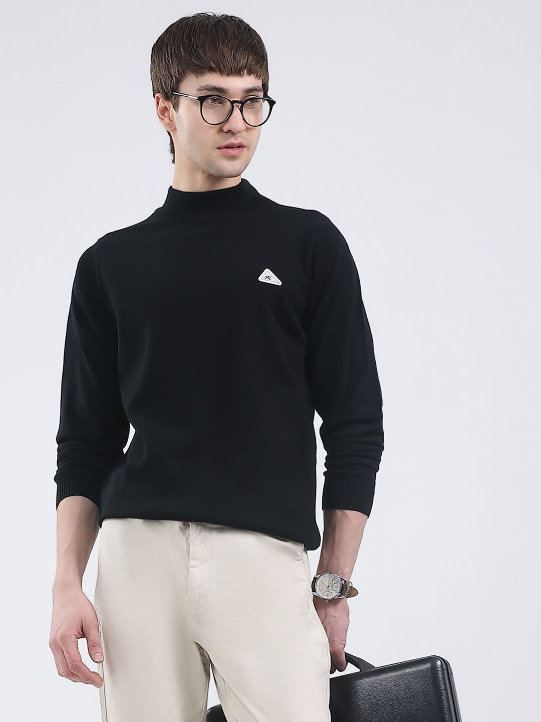 Men Black Solid Turtle Neck Full Sleeve Pullover