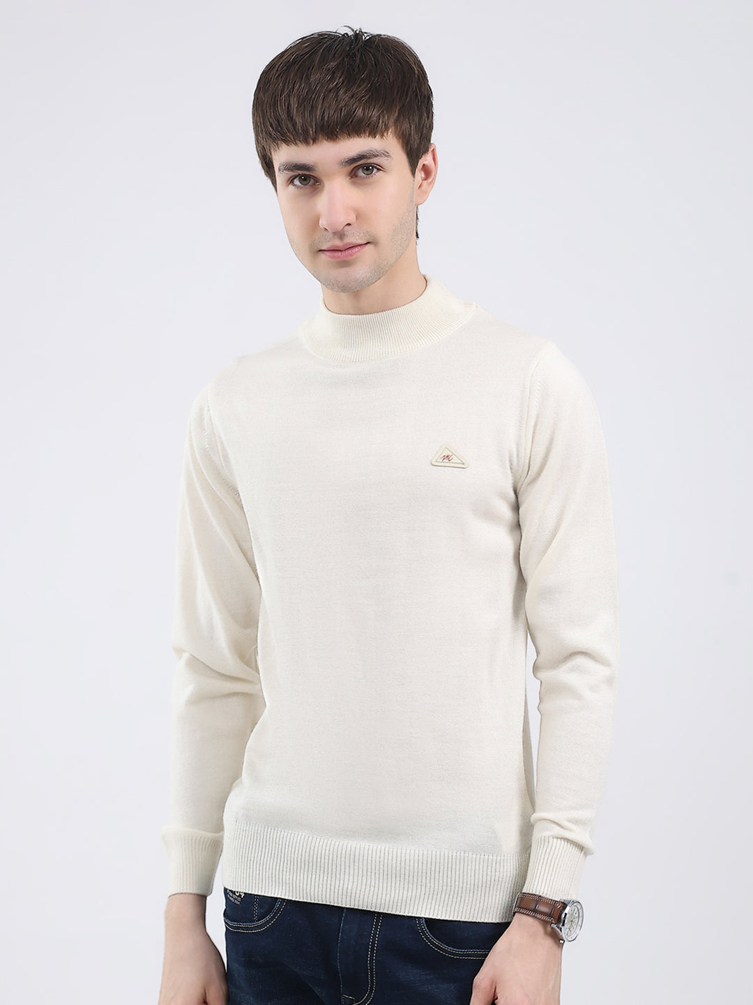 Men Cream Solid Turtle Neck Full Sleeve Pullover