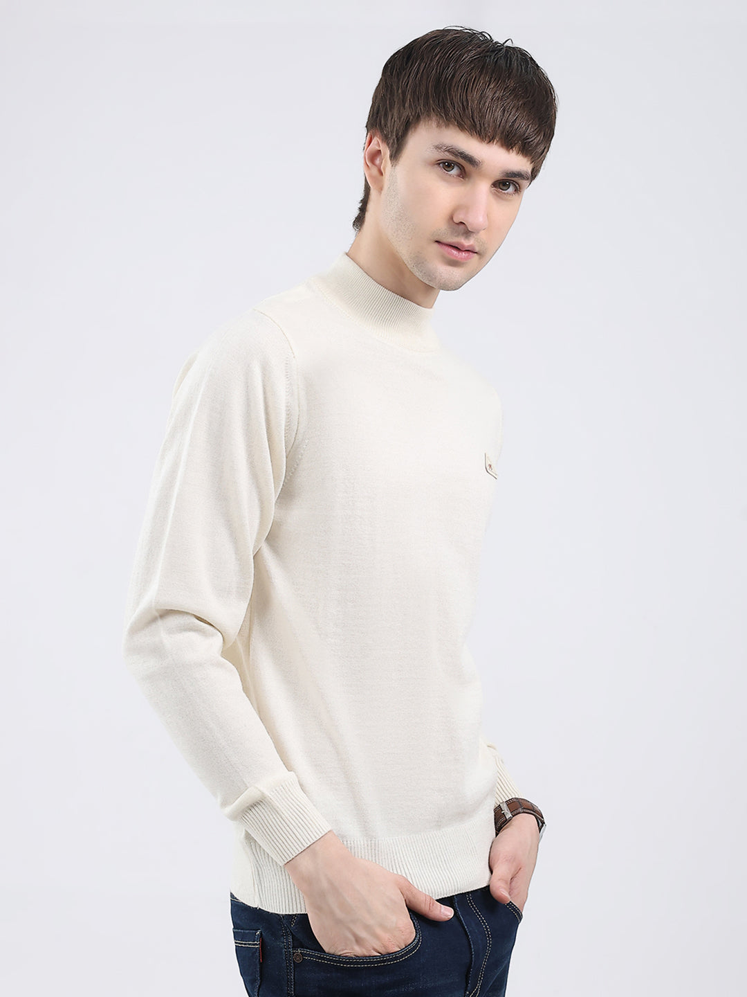 Men Cream Solid Turtle Neck Full Sleeve Pullover