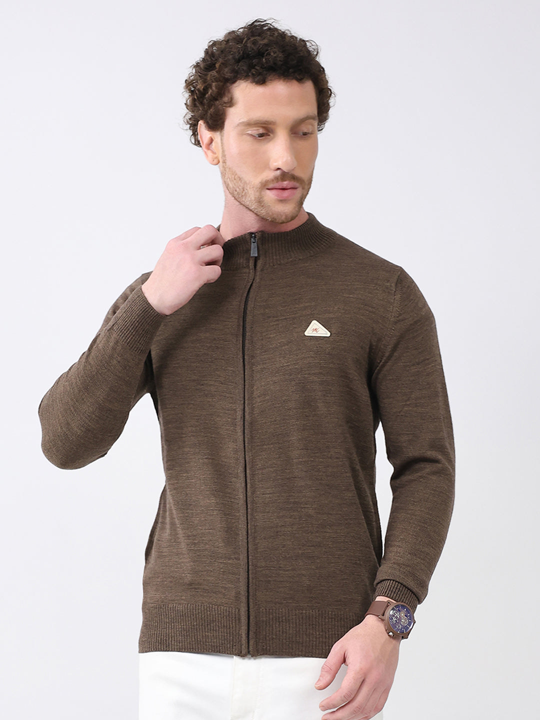 Men Brown Solid Mock Neck Full Sleeve Pullover